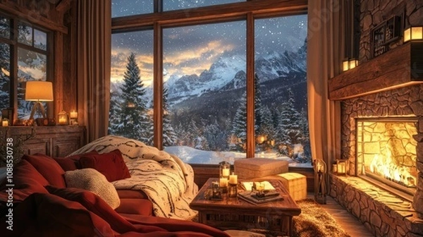 Fototapeta Cozy living room with a fireplace and snowy mountain view.
