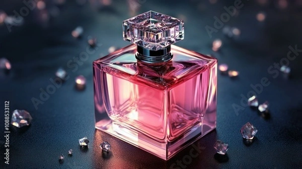 Fototapeta A glass perfume bottle with the pink color and square shape body on a black background. High resolution photography.