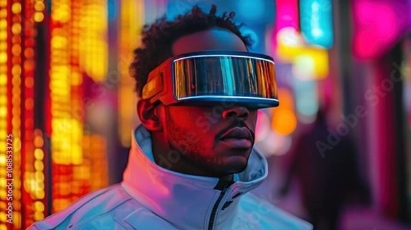 Fototapeta Photo of American man wearing futuristic visor and jacket with the neon light and colorful background.