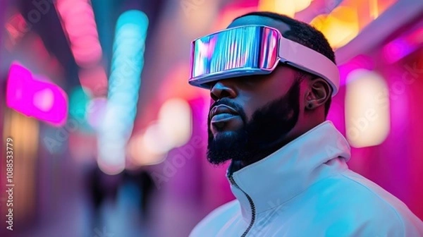 Fototapeta Photo of American man wearing futuristic visor and jacket with the neon light and colorful background.