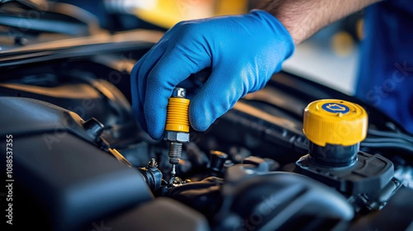 Fototapeta Mechanic wearing gloves, replacing spark plugs on a modern engine