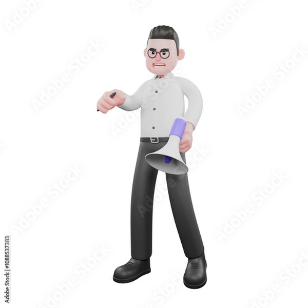 Fototapeta 3D Movie Scene Producer. A male producer sits on a blue chair with his left leg bent over his right leg while his left hand holds a loudspeaker. his head lowered. Cartoon 3D Model