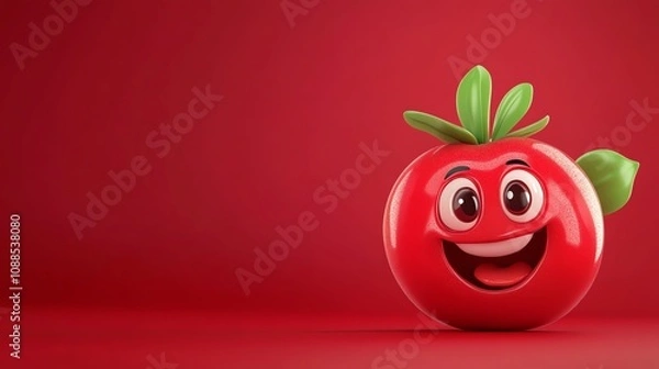 Fototapeta A cartoon tomato with a big smile and a green leaf on a red background.
