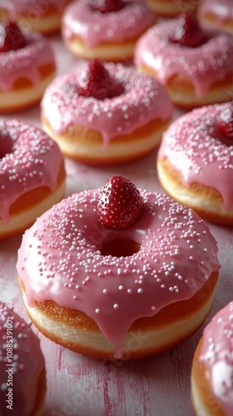 Fototapeta Close-up view of delectable pink donuts with strawberry toppings.  A delightful array of sweet treats, perfect for a sweet craving.  A delightful display of pink glazed donuts.