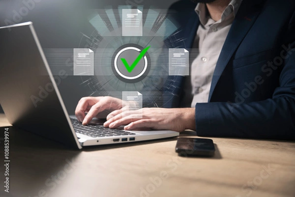 Fototapeta Concept of quality work on a virtual screen with files