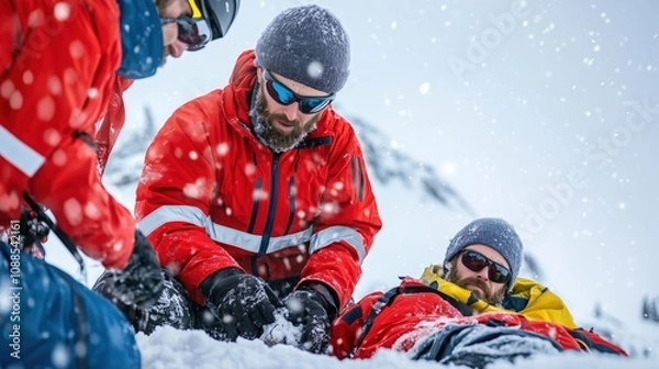 Fototapeta Two skilled rescuers provide urgent assistance to an injured skier on a snowy mountain
