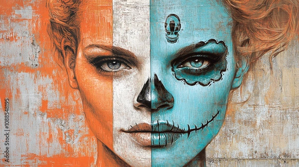 Fototapeta A woman with half of her face painted with a traditional Day of the Dead sugar skull design.