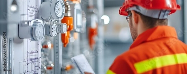 Fototapeta Safety Engineer Analyzing Fire Alarm System Components During Planning and Development in an Industrial Setting for Enhanced Security and Operational Efficiency