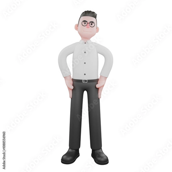 Fototapeta Producer Character in 3D. A male producer stands with both hands on his waist, chest puffed out and head raised, an expression full of confidence. Professional Illustration