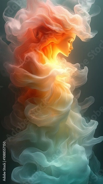 Fototapeta Ethereal figure surrounded by flowing, colorful wisps of smoke.