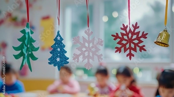 Obraz Classroom christmas activities of glittery paper snowflakes made by kids in the arts and crafts or Christmas trees drawn or jingling bells brought.