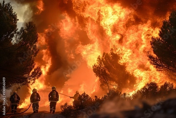 Fototapeta Firefighters Battling Intense Wildfire in Forested Area for Safety and Protection