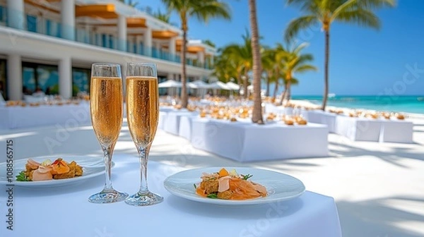 Fototapeta Luxurious Beachfront Wedding Reception Champagne Appetizers Ocean View