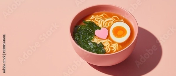 Fototapeta Delicious Ramen Noodles Soup with Egg and Heart Shaped Garnish