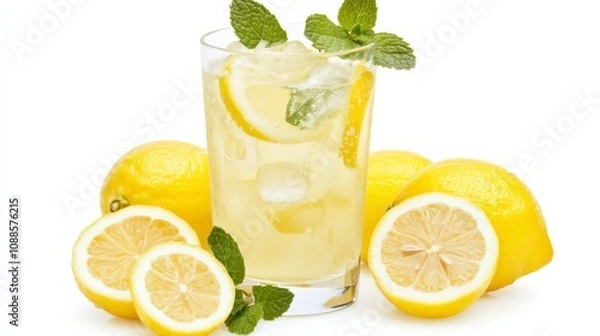 Fototapeta A refreshing glass of lemonade with slices of fresh lemon and sprigs of mint, Its vibrant yellow color and tangy aroma enticingly displayed