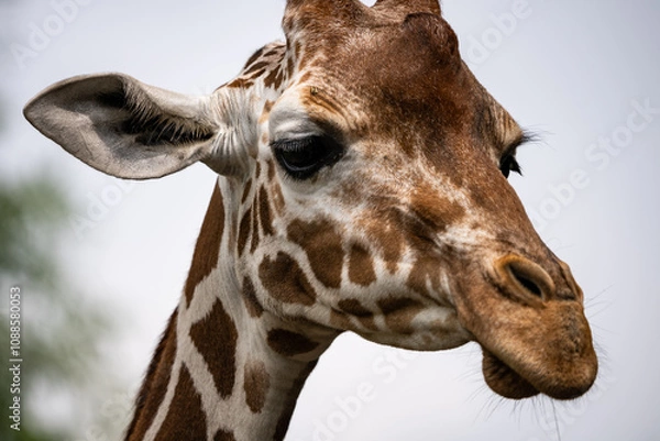 Fototapeta Portrait of a  giraffe standing near a fence in a zoo. Close up of a giraffe in a natural habitat, showcasing its distinctive long neck, brown patches, and serene expression..