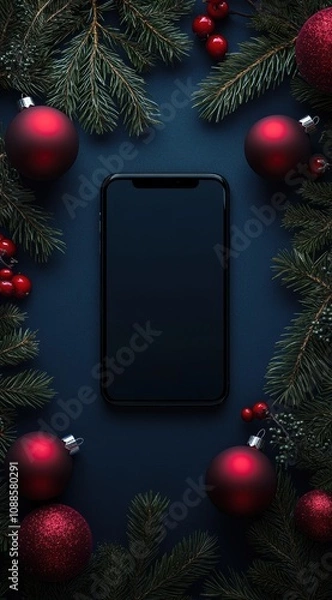 Fototapeta Festive Smartphone Surrounded by Christmas Decorations with Ornaments, Berries, and Evergreen Branches on a Dark Background for Holiday Themes