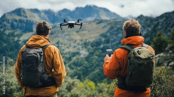 Fototapeta In a stunning mountain landscape, a hiker operates a drone for aerial views while another contacts local rescue services for assistance.