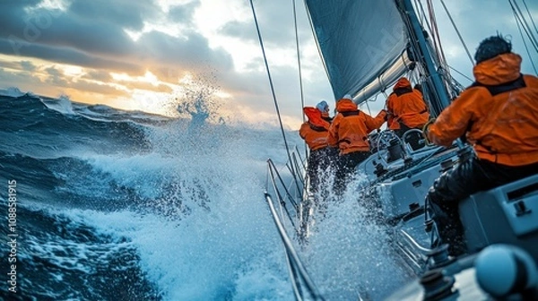 Fototapeta In the midst of turbulent waters, yachtsmen in bright orange gear adjust their course, utilizing satellite communication for optimal racing strategy.