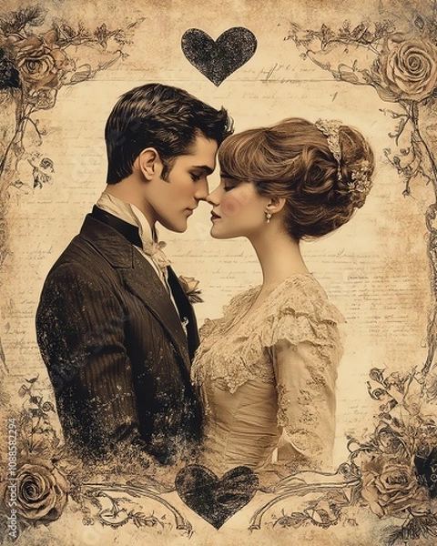 Obraz Collection set of vintage lovers with hearts, romantic  style old greeting cards, Valentine's day celebration