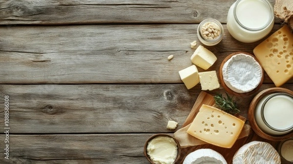 Obraz A rustic wooden table displays an assortment of dairy products like milk, cheese varieties, and butter, creating an inviting atmosphere. Generative AI
