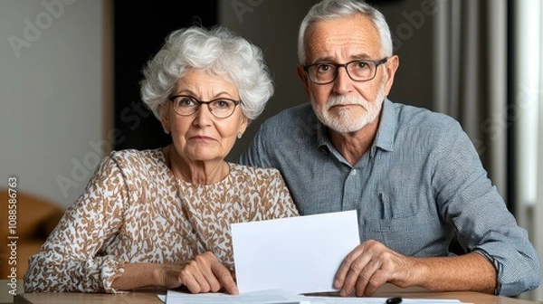 Fototapeta Government Pension Retire Concept, Senior Couple Looking Relieved After Receiving Important Document, Emotionally Impacted by Their Experience, Expressing Feelings of Relief and Assurance Together