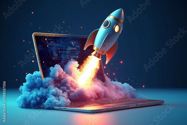 Fototapeta 3D rocket launching from a laptop with glowing flames and clouds, symbolizing innovation, startups, and technological advancements
