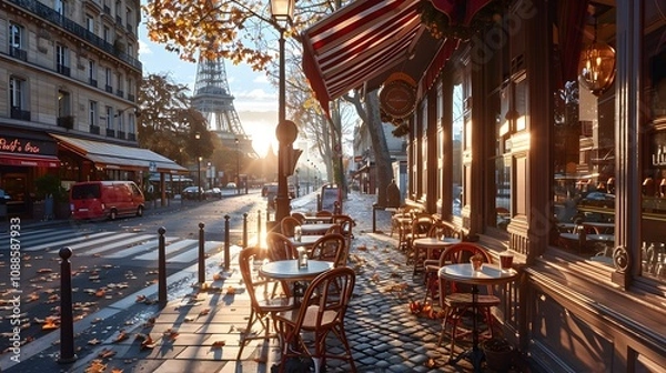 Fototapeta The photo showcases a charming French café terrace with tables adorned with cups of espresso and pastries, nestled under striped awnings, with the backdrop of a bustling Parisian street. Photography,