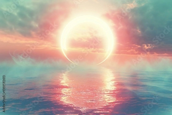 Fototapeta Luminous sky circles with synth wave retro wave vaporwave futuristic aesthetics, glowing neon style, horizontal wallpaper background, and stylish flyer for ad offer with bright colors