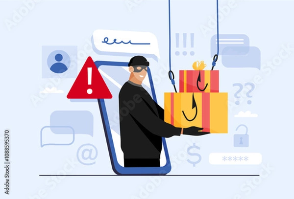Fototapeta Phishing online scam concept. Gift scammer steals passwords and personal data, cybercrime and online security. Flat vector cartoon illustration.