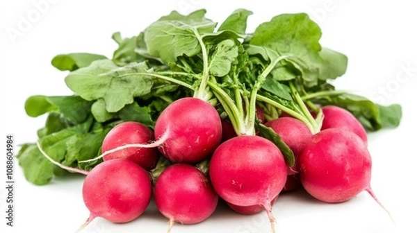 Fototapeta A vibrant bunch of red radishes with their green leafy tops and crisp texture, Each radish’s vibrant color and subtle imperfections captured with precision
