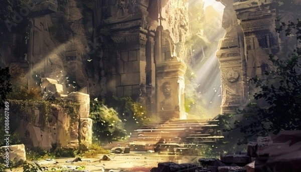 Fototapeta Sunlit Ruins with Stone Steps and Carved Bust