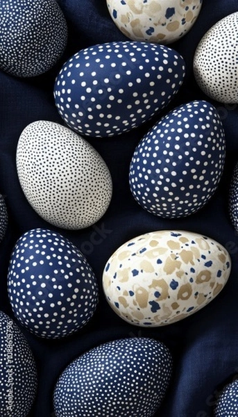 Fototapeta Navy Blue And Beige Decorated Easter Eggs Pattern On Dark Blue Background With Copy Space, Top View