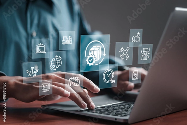 Obraz Logistic and transport concept, Businessman using laptop with supply chain technology for logistic management, organizing and controlling resources to meet the needs of customers.