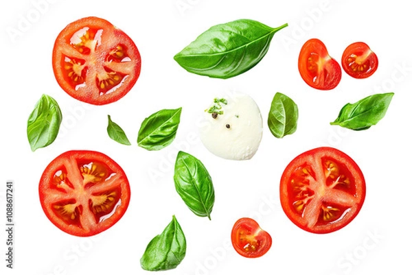 Obraz A close up of a variety of vegetables including tomatoes, basil, and cheese . on transparent background.