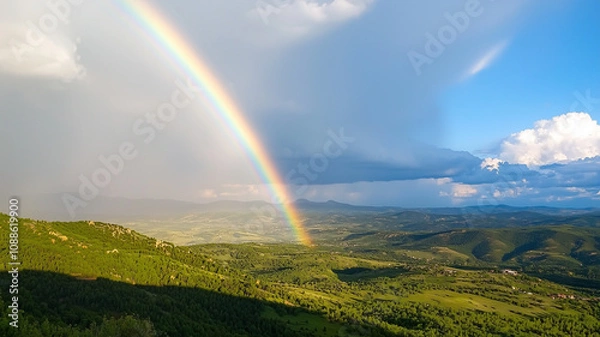 Fototapeta vibrant rainbow arches over lush rural landscape, casting serene glow after rainstorm, with expansive green fields and distant mountains under bright blue sky