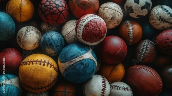 Obraz A vibrant collection of various sports balls, showcasing different colors, textures, and patterns for sports enthusiasts.