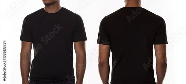 Fototapeta black t shirt displayed from front and back, showcasing its simple design and fit. Ideal for casual wear or layering