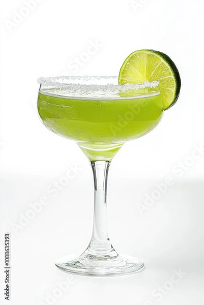 Fototapeta Refreshing green margarita cocktail with lime slice and salt rim