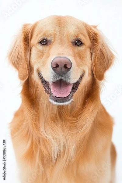 Fototapeta happy golden retriever with bright smile and soft fur. This friendly dog exudes warmth and joy, making it perfect companion