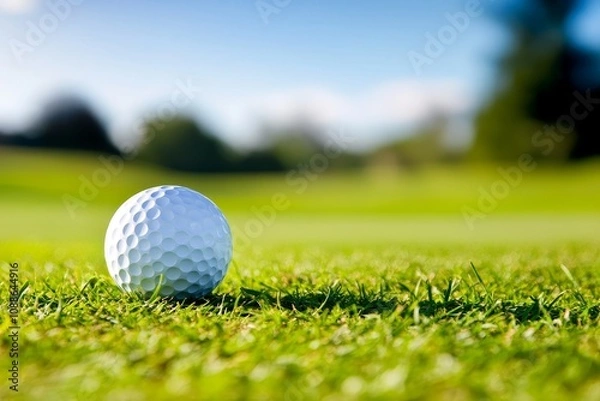 Fototapeta Close-up view of a golf ball resting on lush grass at a golf course during a sunny day