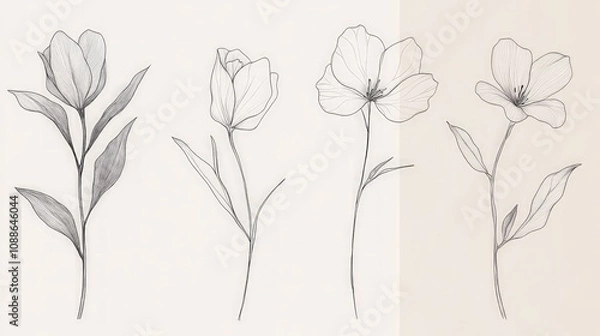 Fototapeta Elegant Line Art of Nature, sophisticated line drawings of leaves and flowers on a neutral background highlighting their graceful simplicity and organic beauty