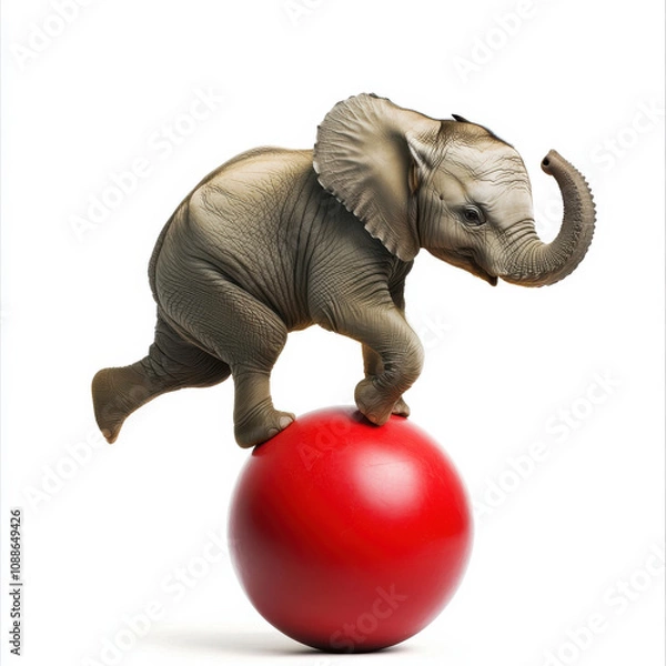 Fototapeta playful elephant balancing on red ball, showcasing agility and charm. This whimsical scene captures joy of circus performances and animal talent