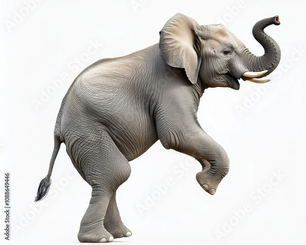 Fototapeta realistic depiction of elephant standing on its hind legs, showcasing its strength and grace. elephant trunk is raised, conveying sense of playfulness and vitality