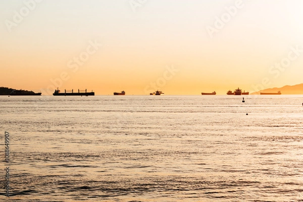 Fototapeta Cargo ships standing in the bay in the rays of sunset