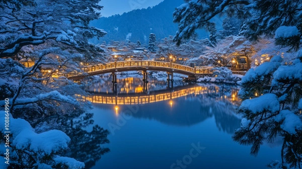 Fototapeta 幻想的な雪降る夜の古都・雪化粧した伝統的な町並みと温かな灯りの風景｜歴史ある町家と石畳の路地が織りなす日本の美｜冬の観光スポット・旅行写真におすすめの絶景スポット【絶景夜景・雪景色】
