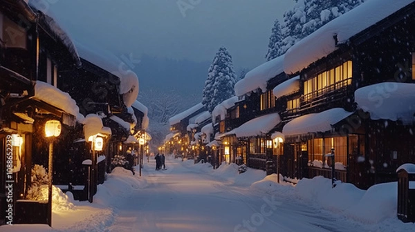 Fototapeta 幻想的な雪降る夜の古都・雪化粧した伝統的な町並みと温かな灯りの風景｜歴史ある町家と石畳の路地が織りなす日本の美｜冬の観光スポット・旅行写真におすすめの絶景スポット【絶景夜景・雪景色】