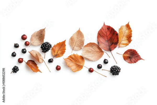 Fototapeta Autumn leaves and berries arranged on white background, showcasing vibrant colors and textures. Perfect for seasonal themes