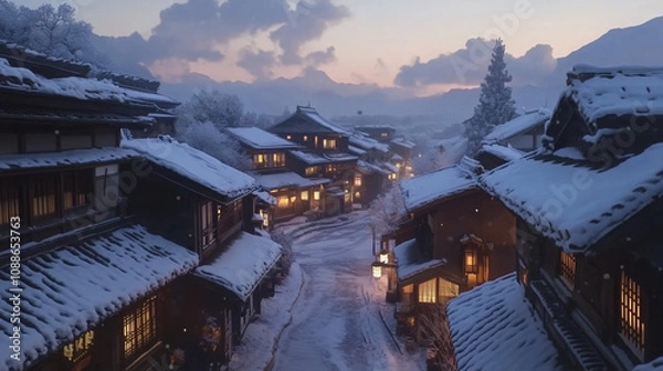 Obraz 幻想的な雪降る夜の古都・雪化粧した伝統的な町並みと温かな灯りの風景｜歴史ある町家と石畳の路地が織りなす日本の美｜冬の観光スポット・旅行写真におすすめの絶景スポット【絶景夜景・雪景色】