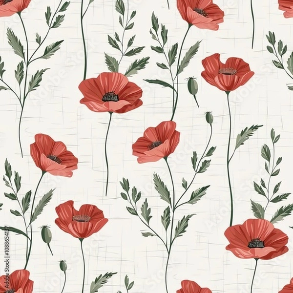 Fototapeta Seamless Floral Pattern, Red Poppy Flowers with Green Stems on Light Background, Watercolor Painting